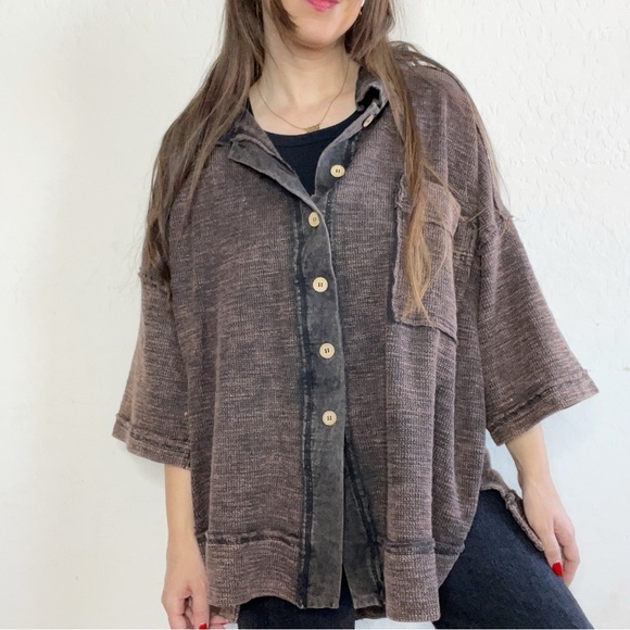 Oli & Hali Black Mixed Mineral Washed Short Sleeve Button Down Shirt Jacket - Picture 1 of 13